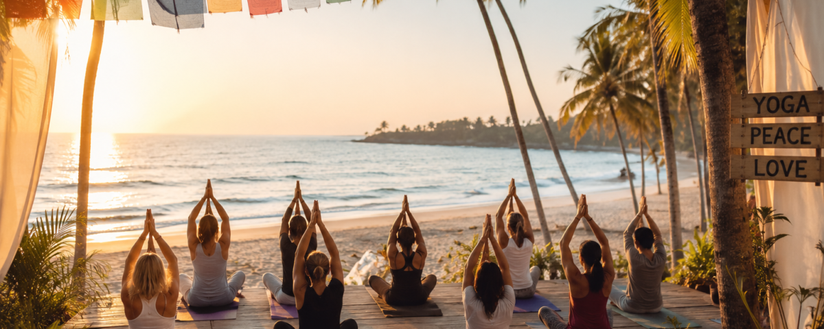 People practicing yoga during sunrise at a beachside yoga retreat in Goa, India, surrounded by palm trees and ocean views.