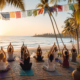 People practicing yoga during sunrise at a beachside yoga retreat in Goa, India, surrounded by palm trees and ocean views.